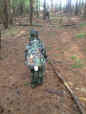 Walking to chase down a turkey that was gobbling on the roost.  This is the day we had the two turkeys run right up on us.